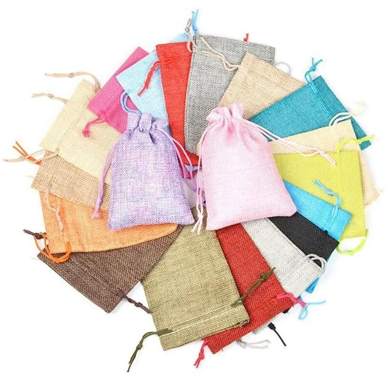 Sacs cadeaux en jute faits à la main, pochettes naturelles en coton et lin, sacs d'emballage cadeau, sacs de rangement pour bijoux, 7x9, 9x12, 10x14, 13x18, 15x20cm, 50 pièces/lot
