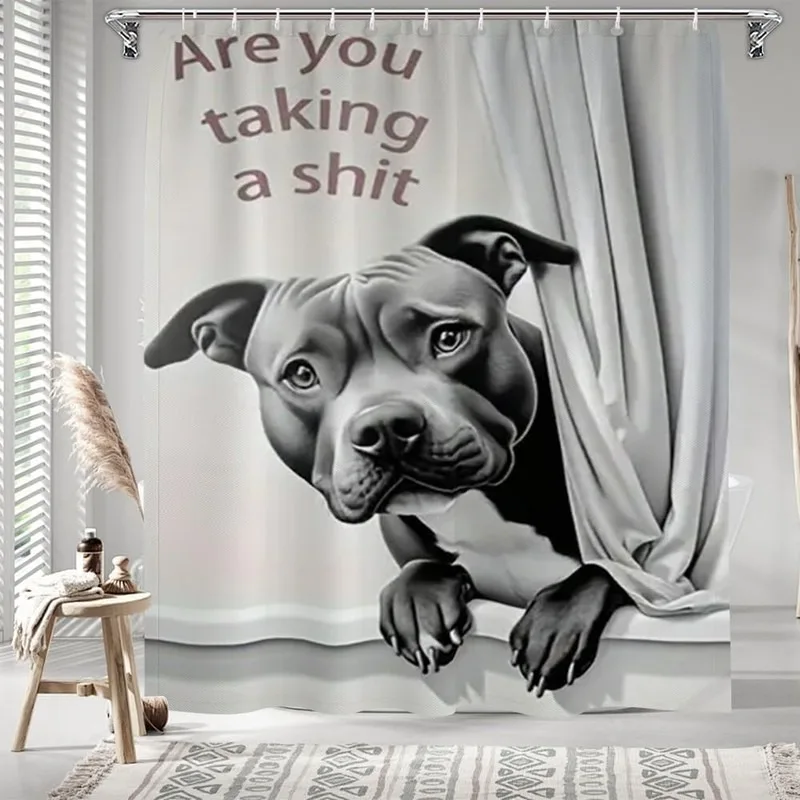 Funny Pitbull Privacy Shower Curtain No Drilling Black White Bathroom Decor with 12 Hooks Anti Peep