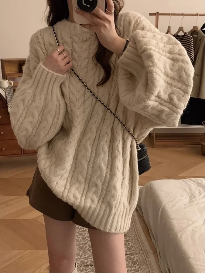 

Loose Fit Soft Knitted round Ne Sweater Coat Women's Large Size Autumn Winter Faion Comfortable Breathable Woolen Coat