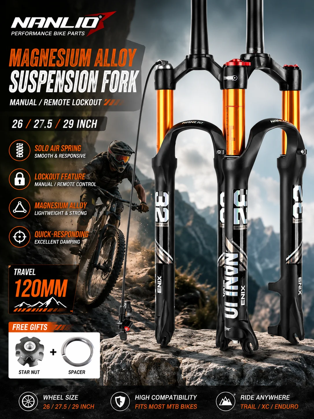 AliExpress NANLIO Solo Air MTB Suspension Fork 26 27.5 29 Inch Magnesium Alloy Mountain Bike Fork Straight Tapered Steerer Lockout