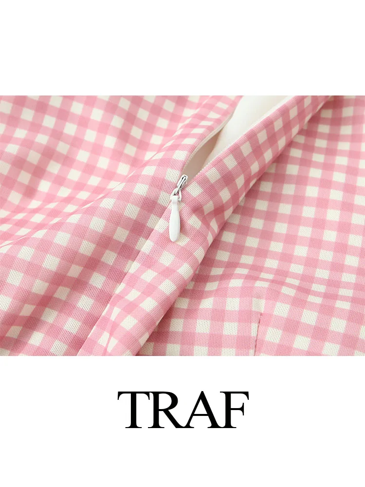 TRAF Summer New Woman Dress Chic Sweet Pink Plaid maniche corte Cut-Out Dress Bow Lace Up eleganti abiti corti femminili Vestidos