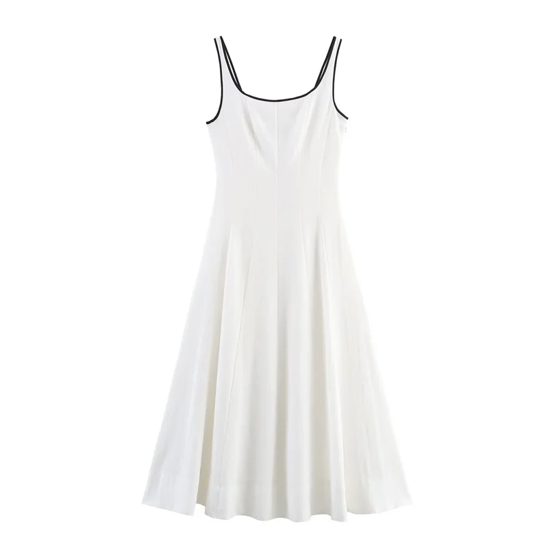

Women's Dress New Summer 2025 White Sleeveless A Hem Wide Pleated Midi Dress Black Edge Trim Elegant Personality Simple