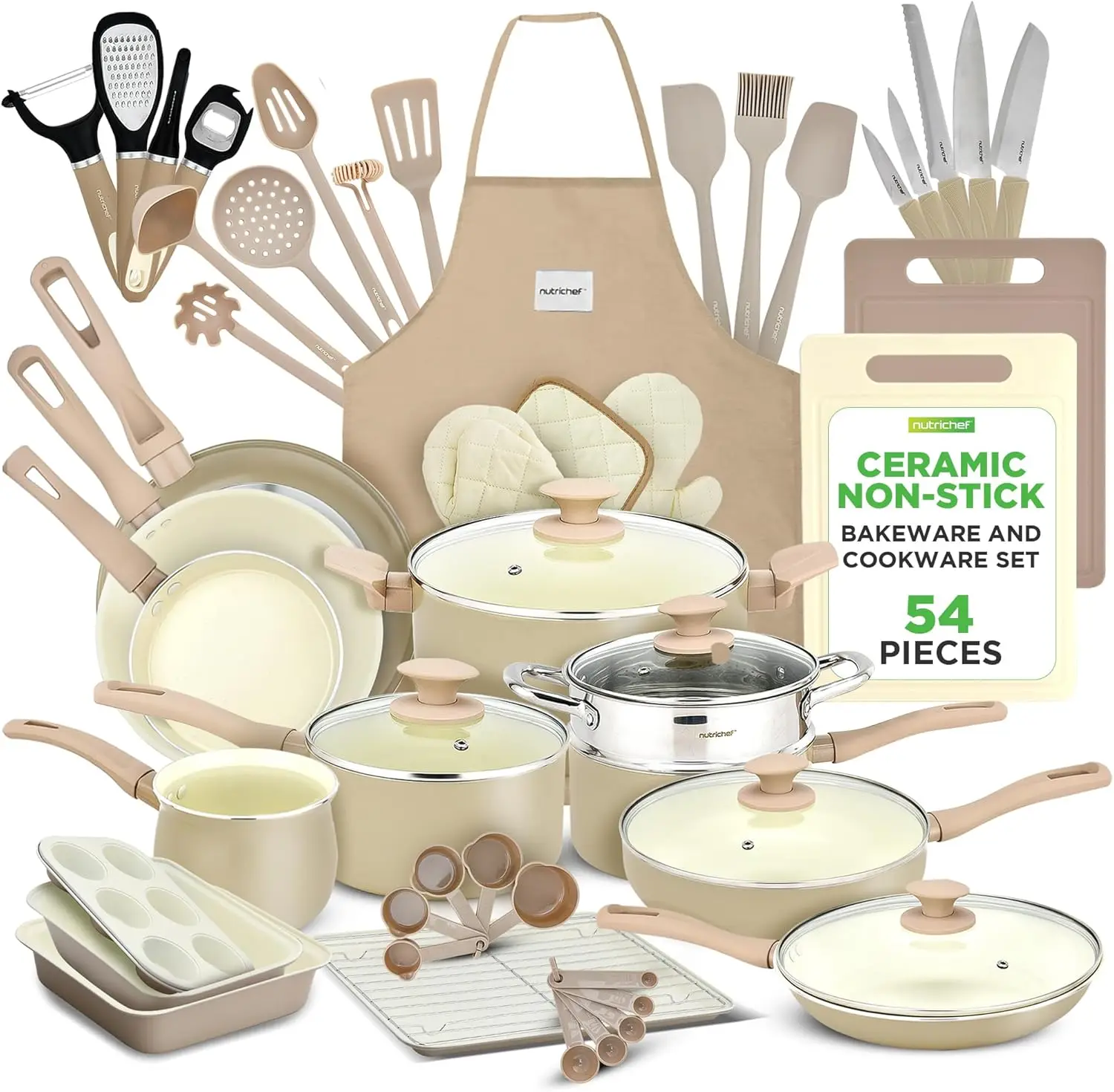 Juego de utensilios de cocina y hornear antiadherentes de mármol de 54 piezas, colección profesional de cocina casera con ollas, sartenes de varios tamaños,