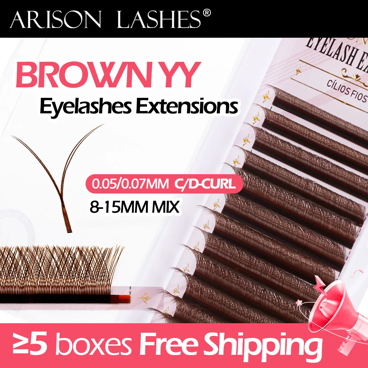 ARISON Brown 2D YY Lashes Double Tips Eyelashes Extension Cilios y Premade Volume YY Shape EyeLash Grafting Extension Split Tip