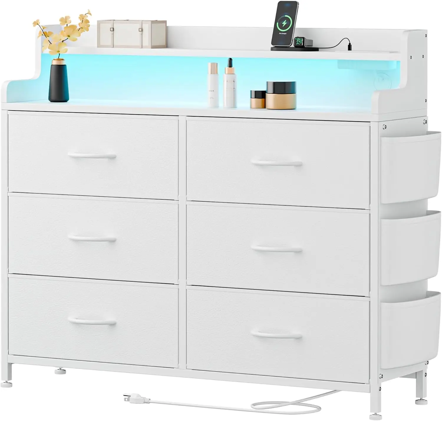 Lulive White Dresser For Bedroom 6 Drawers - Fabric Dressers For Bedroom With Led Light & Charging Station - Adults Chest Of