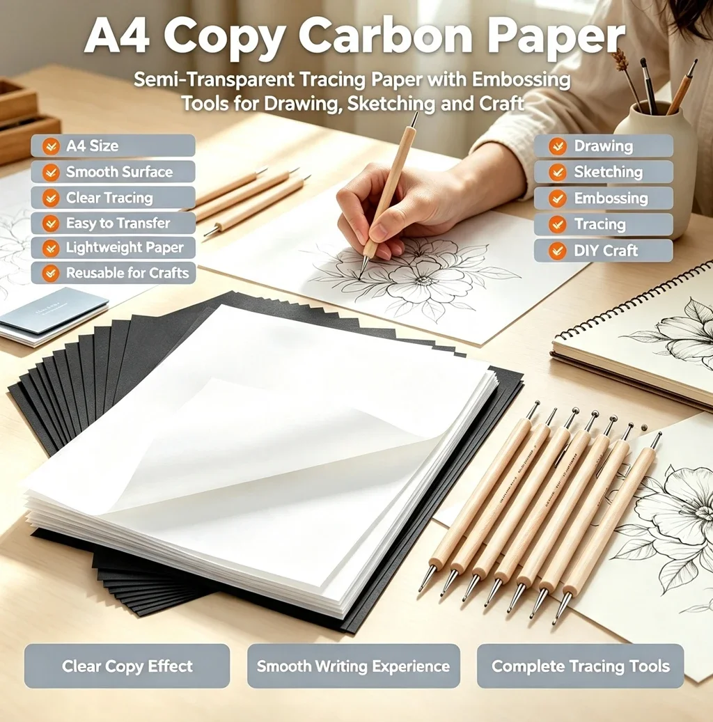 50 Sheets A4 Carbon Copy Transfer Paper, Reusable Graphite Tracing Paper for Painting Sewing Wood Fabric DIY Craft & Office Draw