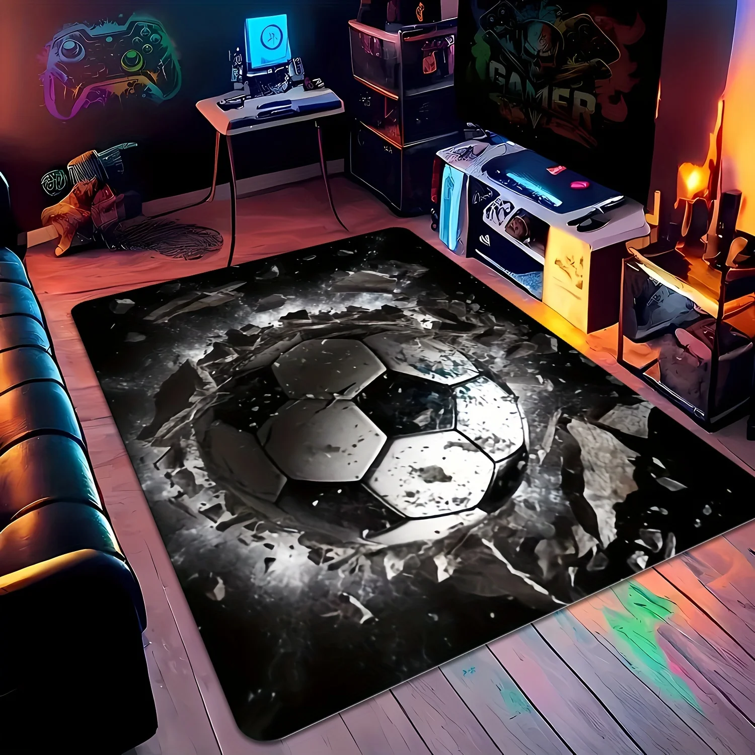 Dynamic Football Graphic Flannel Rug Non-slip Absorbent Floor Mat Black White Contrast for Entryway Living Room Decor