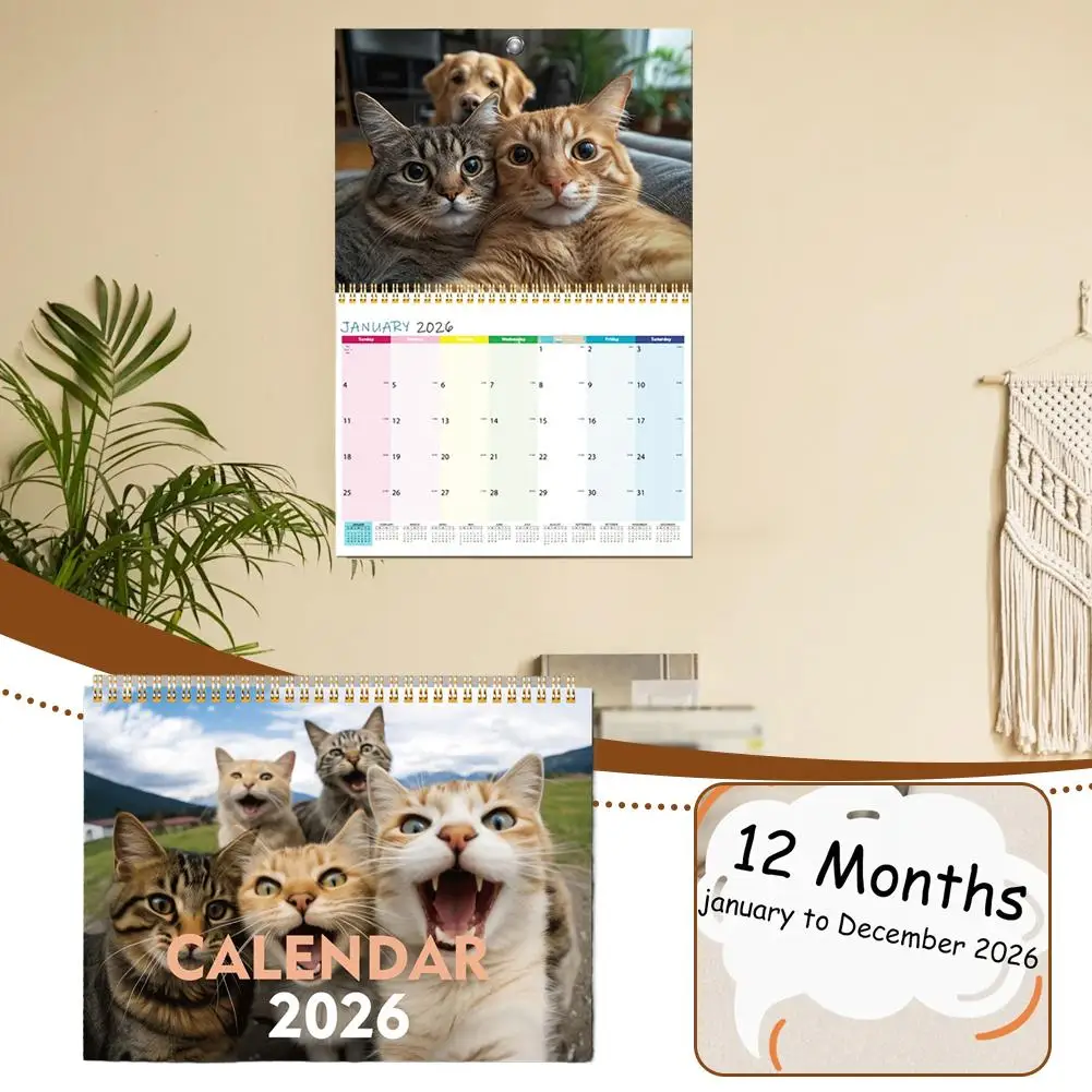 2026 Home Office Desktop Wall Calendar Funny Cute Cat Pattern Spiral Bound Daily Planner 2026 Cat Themed Decor Calendar