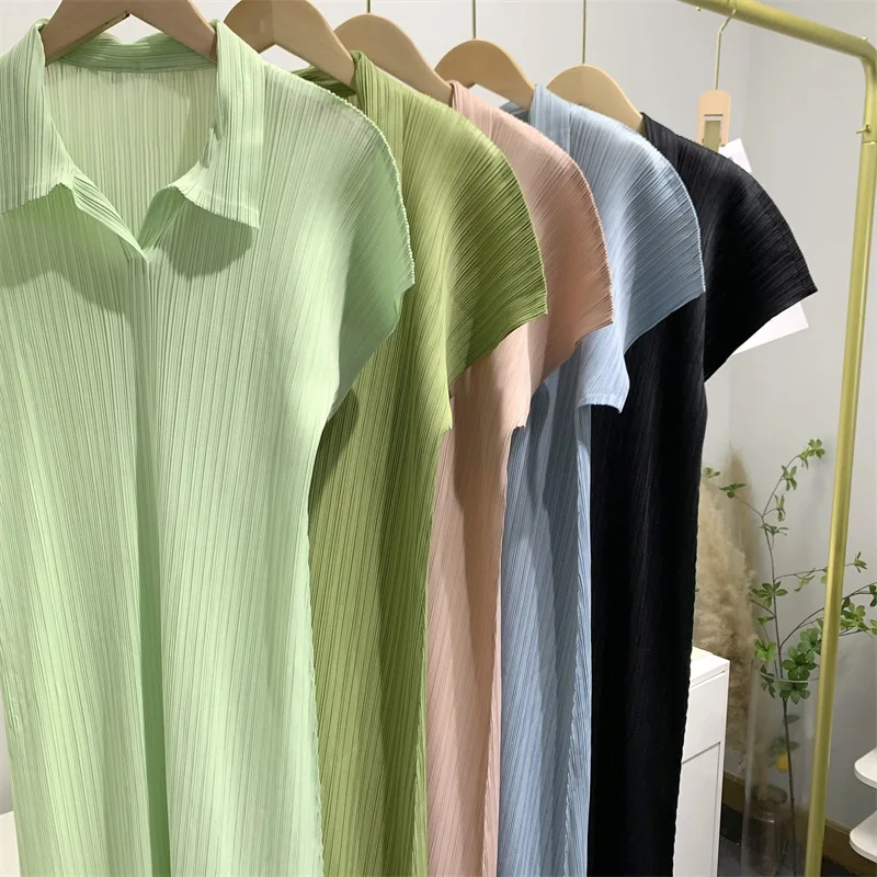 

Summer dress women Miyake Pleated Fashion Solid Peter pan Collar Large Size Short Sleeve Mid-Calf Casual Dresses Tide