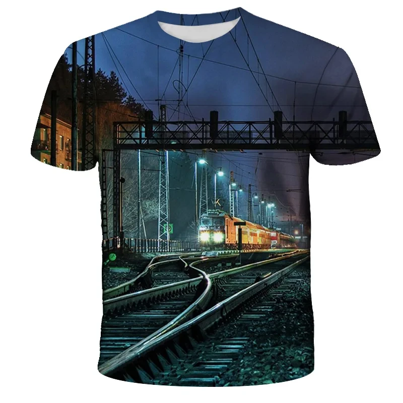 Camiseta vintage com estampa em 3D infantil, roupas casuais para meninos e meninas, trem a vapor, verão