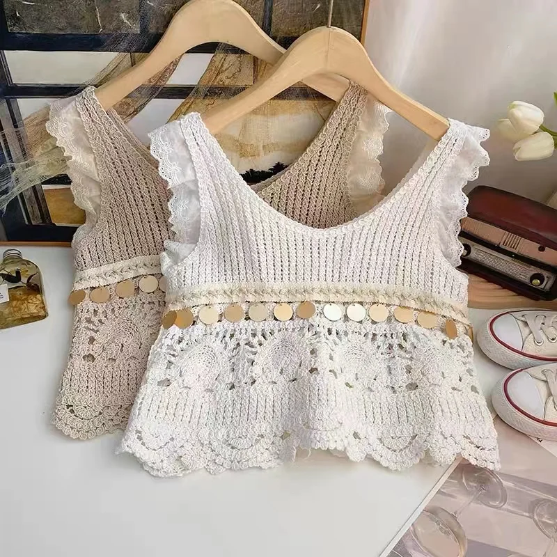 OUMEA Women Cotton Crochet Tops Summer Sequins Tape Beach Tank Tops Solid Color Scallop Edge Retro Knitting Tops