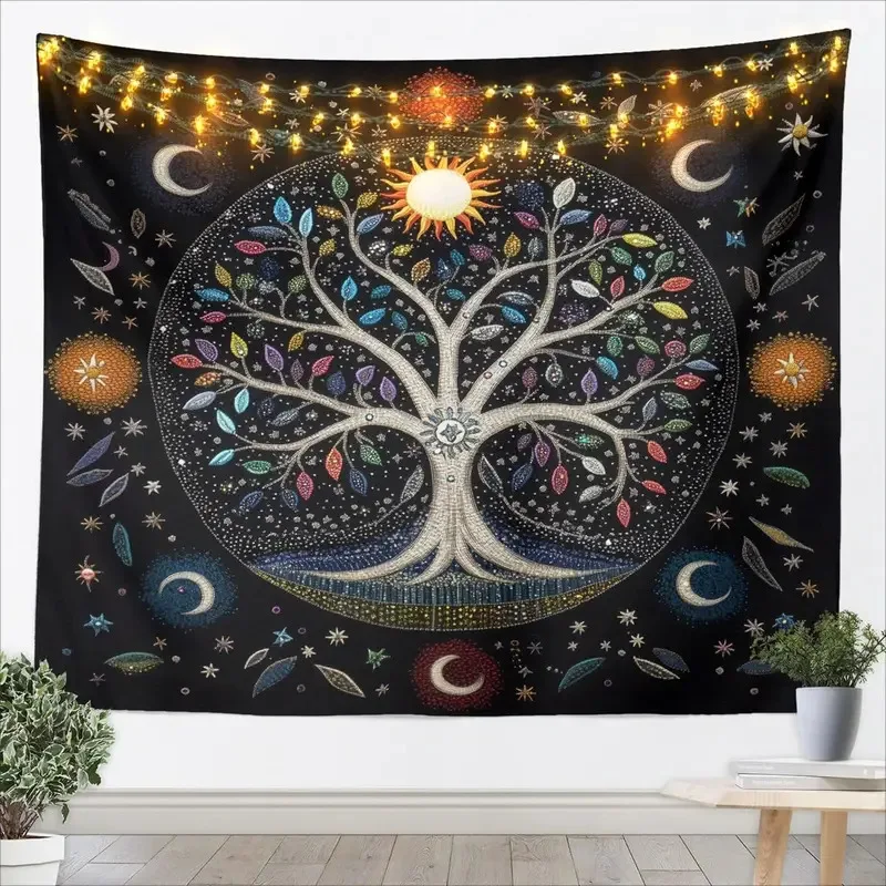 VIKAMA Colourful Fallen Leaves Print Tapestry Living Room Decorative Wall Hanging Sun, Stars, Moon And Galaxy Elements Tapestry