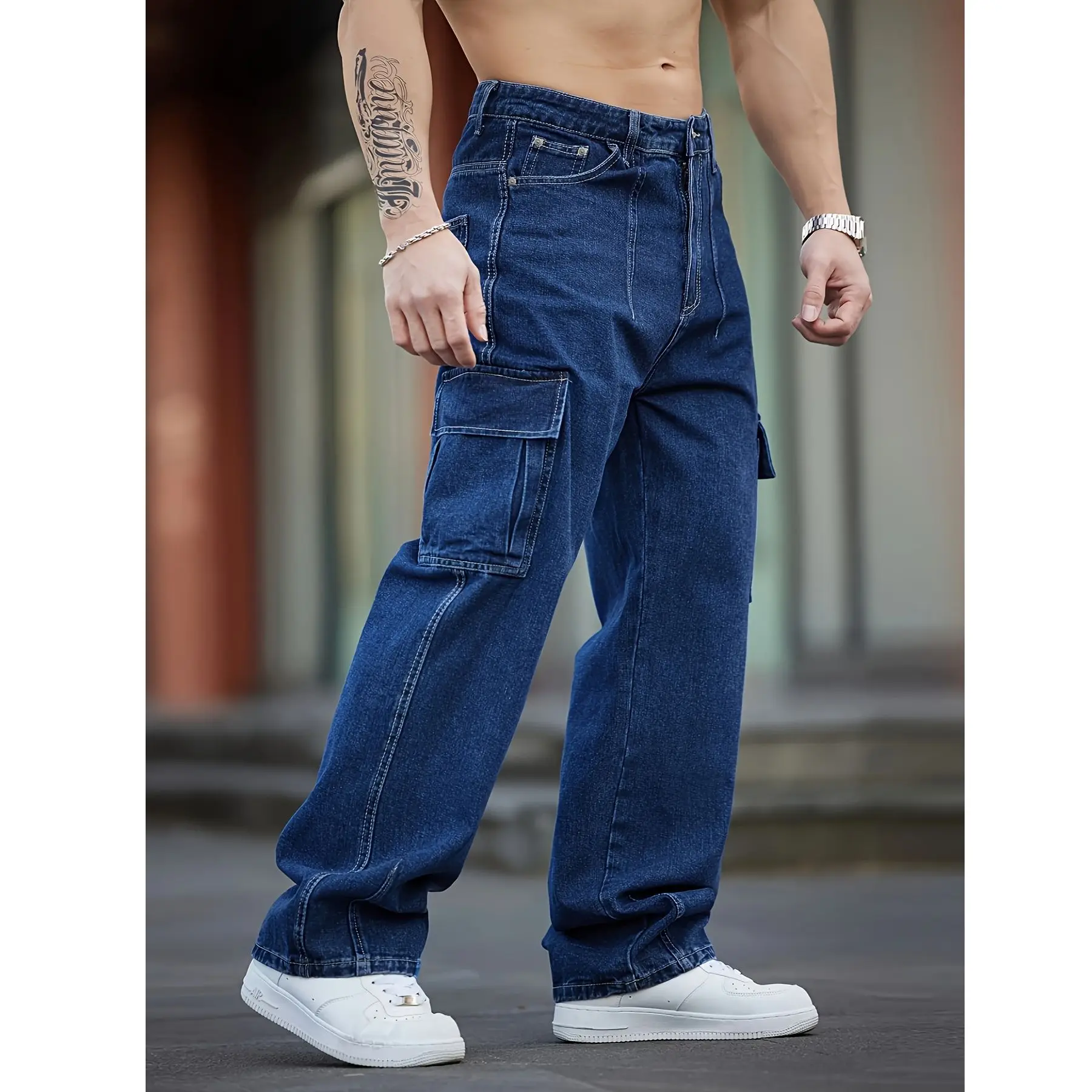 جينز رجالي للربيع والخريف مغسول باللون الأزرق الداكن بأرجل مستقيمة، تصميم كاجوال متعدد الجيوب، سروال فضفاض واسع الساق كبير الحجم