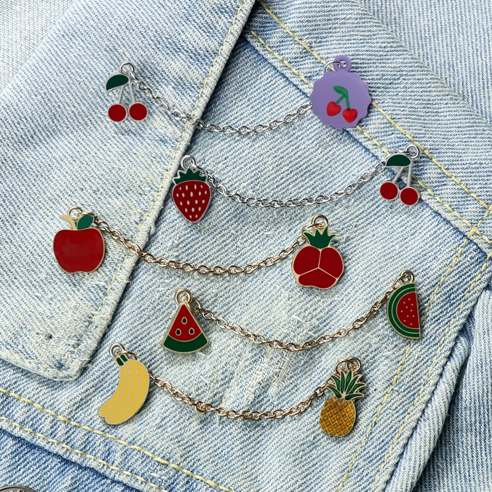 Cute Fruits Enamel Pin Cartoon Watermelon Apple Strawberry Banana Brooches with Chain Lapel Metal Badge Jewelry Gift for Friends