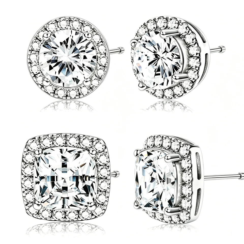 ZAKOL 1 Pair Shiny Cubic Zirconia Stud Earrings Round Square Crystal Zircon Simple Ear Accessories for Women men