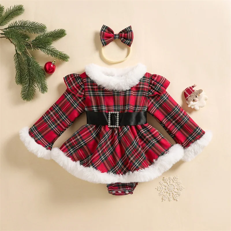 

Toddler Christmas Outfit Red Velvet Ruffle Sleeve Romper Dress with Matching Bow Headband 2 Piece Set