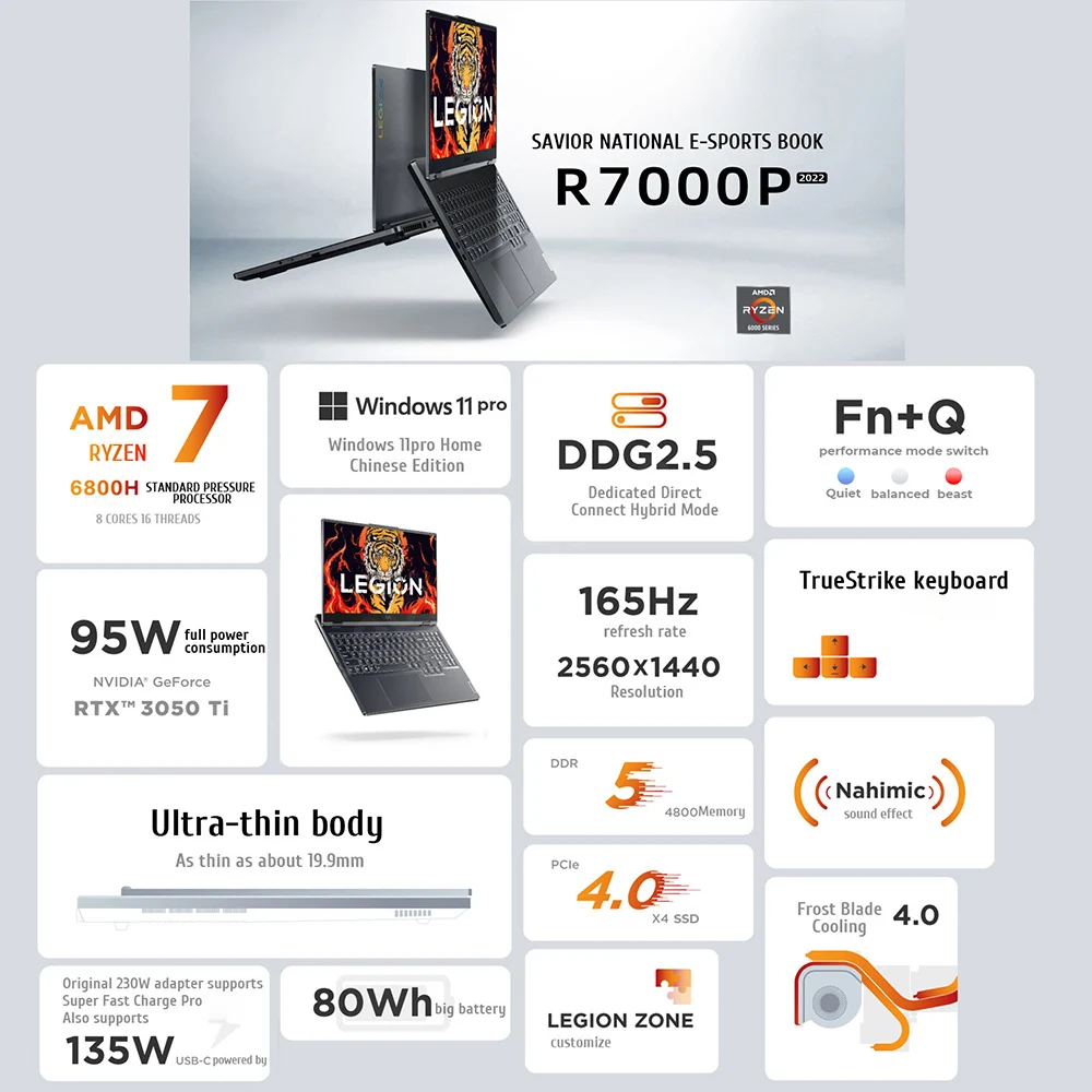 كمبيوتر محمول Lenovo Legion R7000P مقاس 15.6 بوصة للألعاب الرياضية الإلكترونية R7 6800H RTX 3050 Ti 32GB 1TB SSD Windows 11 165 هرتز كمبيوتر محمول