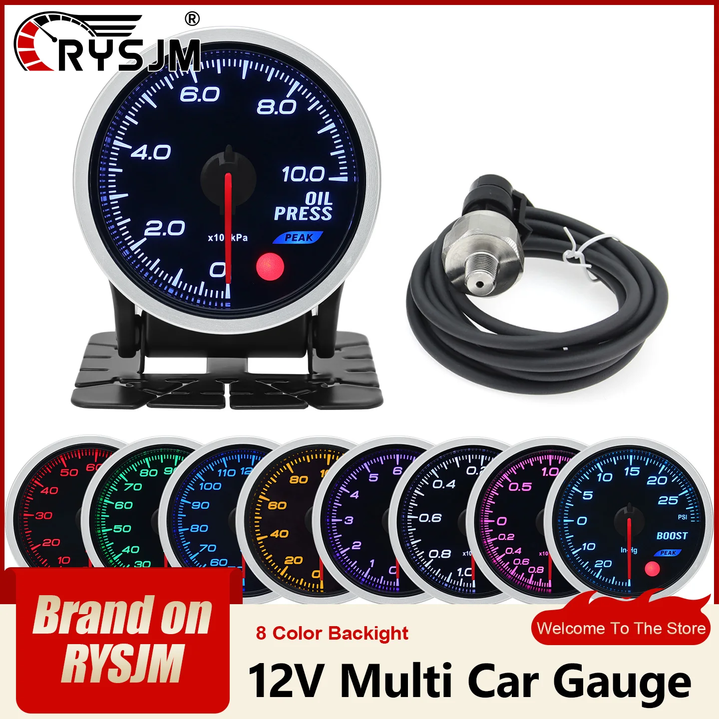 52mm 8 Color LED Car Universal Gauge 12V Racing Car Oil Pressure Turbo Boost Water Temp Oil Temp EGT Tachometer Fuel Level Meter