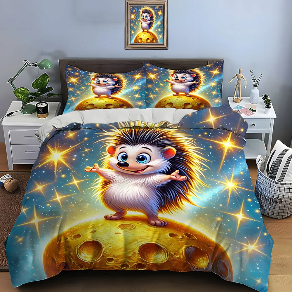 Cute hedgehog on a golden planet Bedding Set for Kids Luxury Gift 3pcs Digital Print Comforter Set Soft Comfortable Breathable