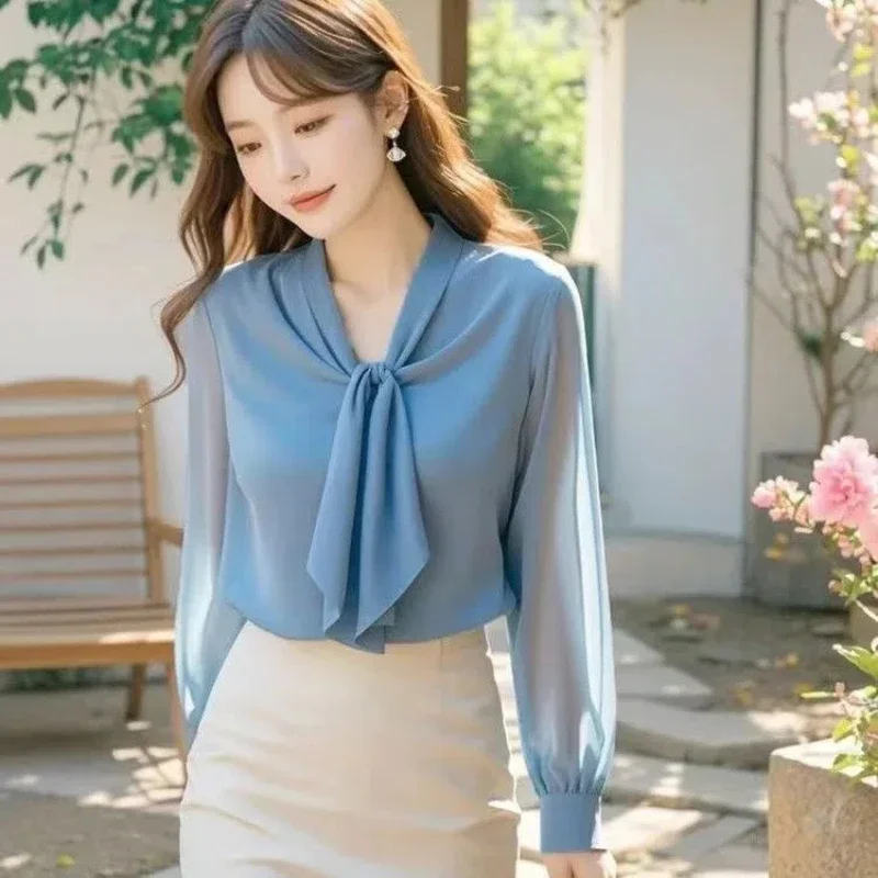 

New Autumn Top French Style Beautiful Light Luxury Age-reducing Fashion Blue Chiffon Long-sleeved Temperament Shirt for Women
