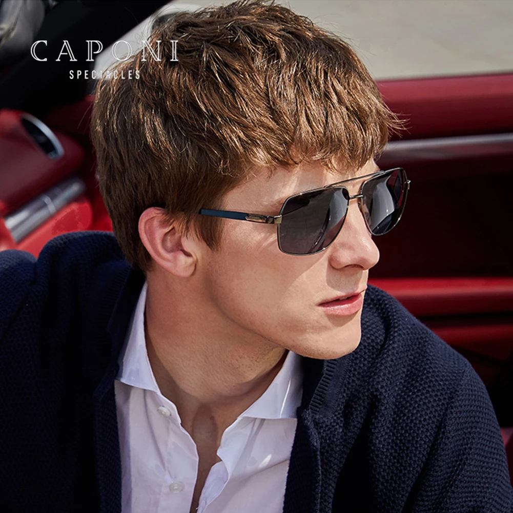 CAPONI Outdoor Sunglass men Polarized Photochromic Square Black Lenses Shade Driving Sunglasses UV400 Protection Designer BS8002