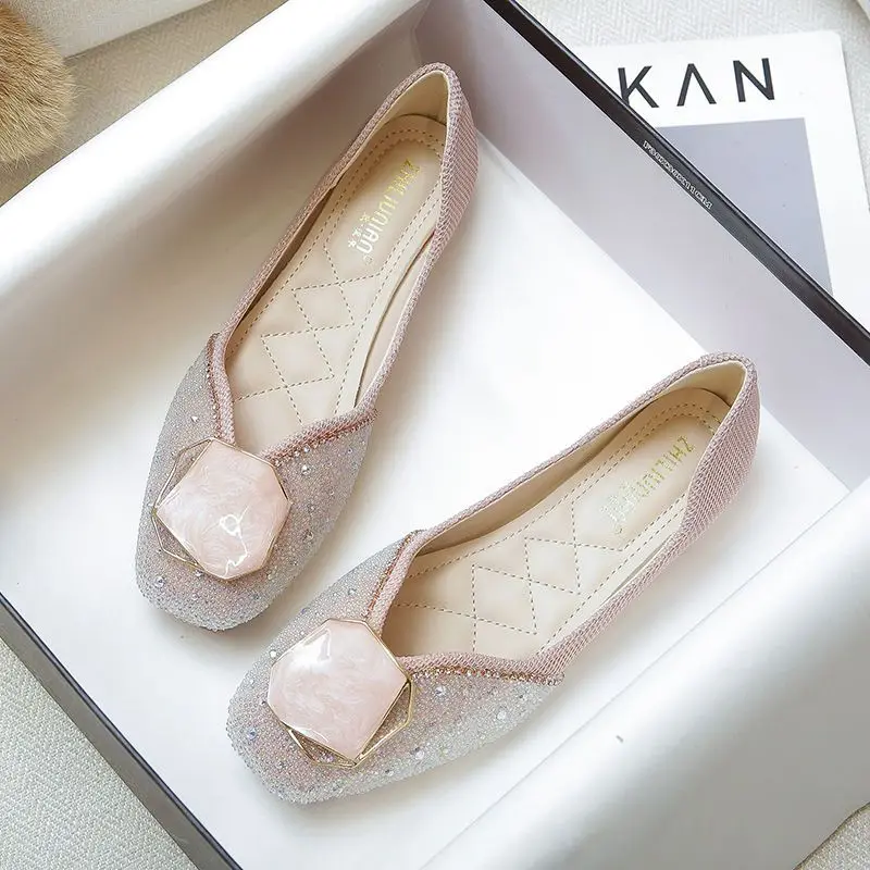 Z kryształkami Rhinestone Bride Flat Flats Shoes for Woman 2024 Pink Damskie letnie obuwie Diamond Square Toe Y2k Spring Shoe