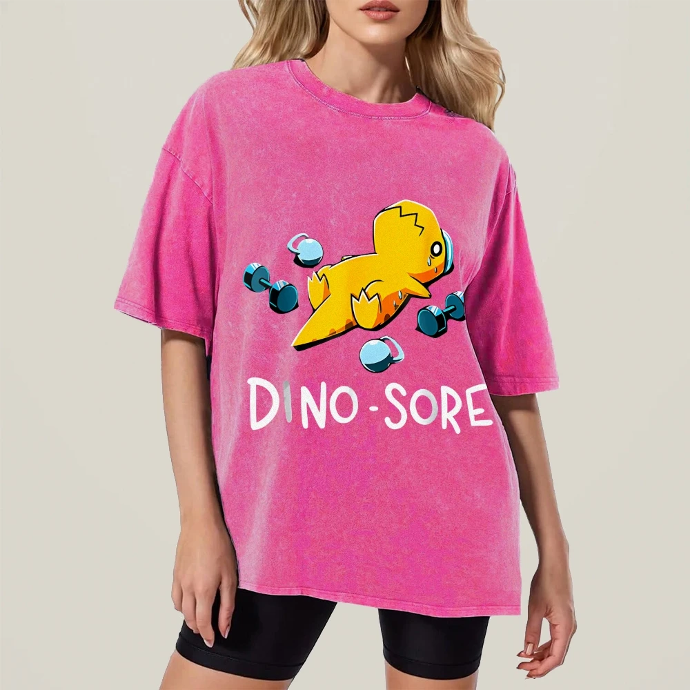 

Dinosaur Work Out Graphic Tee Cute Cartoon Washed Shirt Women Men Summer Top Wearing Vintage Retro Y2K Fashion Style