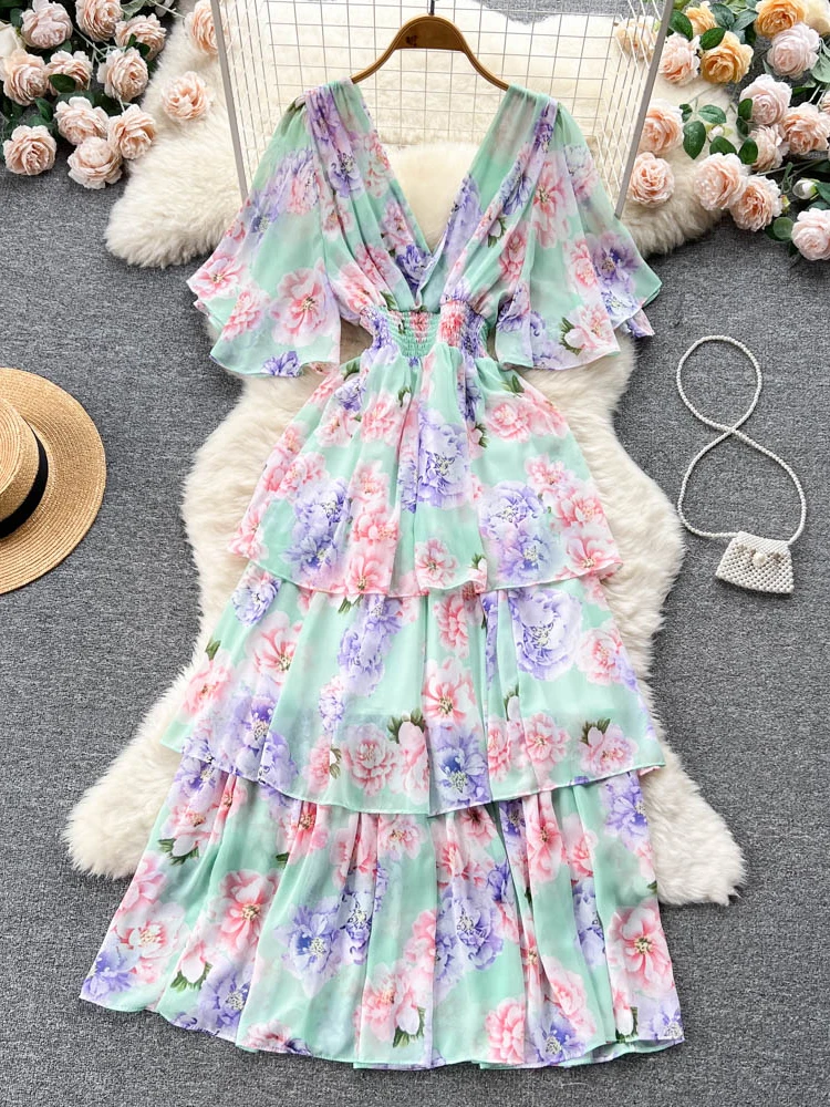 

Summer Vintage Floral Ruffle Chiffon Long Dress Women Sexy V Neck Off Shoulder Flare Sleeve High Waist A-Line Beach Vestidos