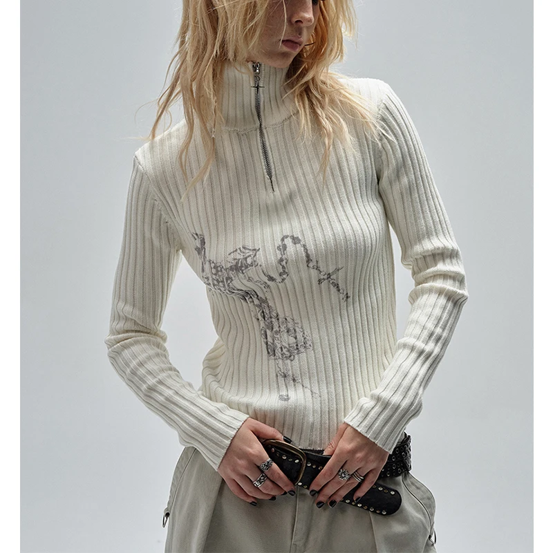 

MEXZT Y2K Turtleneck Sweater Women Harajuku Cropped Print Knitted Pullovers Grunge Zipper Knitwears Winter Long Sleeve Jumpers