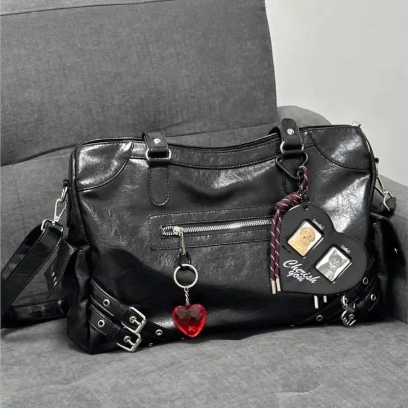 Hot Girl Retro Black Tote Women Studded Leather Textured Large Capacity Shoulder Ladies Edgy Cool Punk Y2k Crossbody Bag