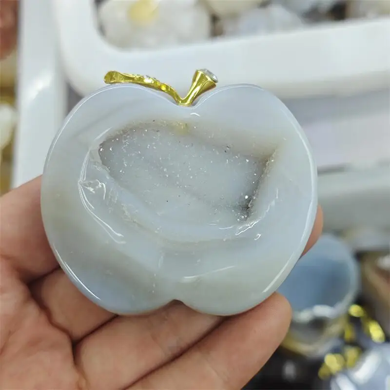 Natural Agate Geode Apple Carving Reiki Healing Fengshui Stone Gift Home Office Decoration Gift 1PCS