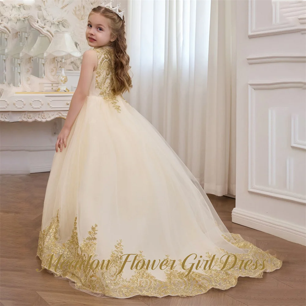 Meadow Gold Embroidered O Neck With Pearl Rhinestone Kids Birthday Party Dress Floor Length Tutu Fluffy Prom Gown Customized