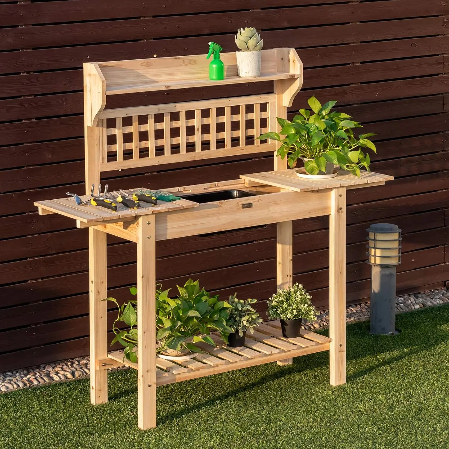 

Garden Potting Bench, Outdoor Wood Work Table w/Sliding Tabletop, Planter Bench Work Station w/Removable Sink & Storage