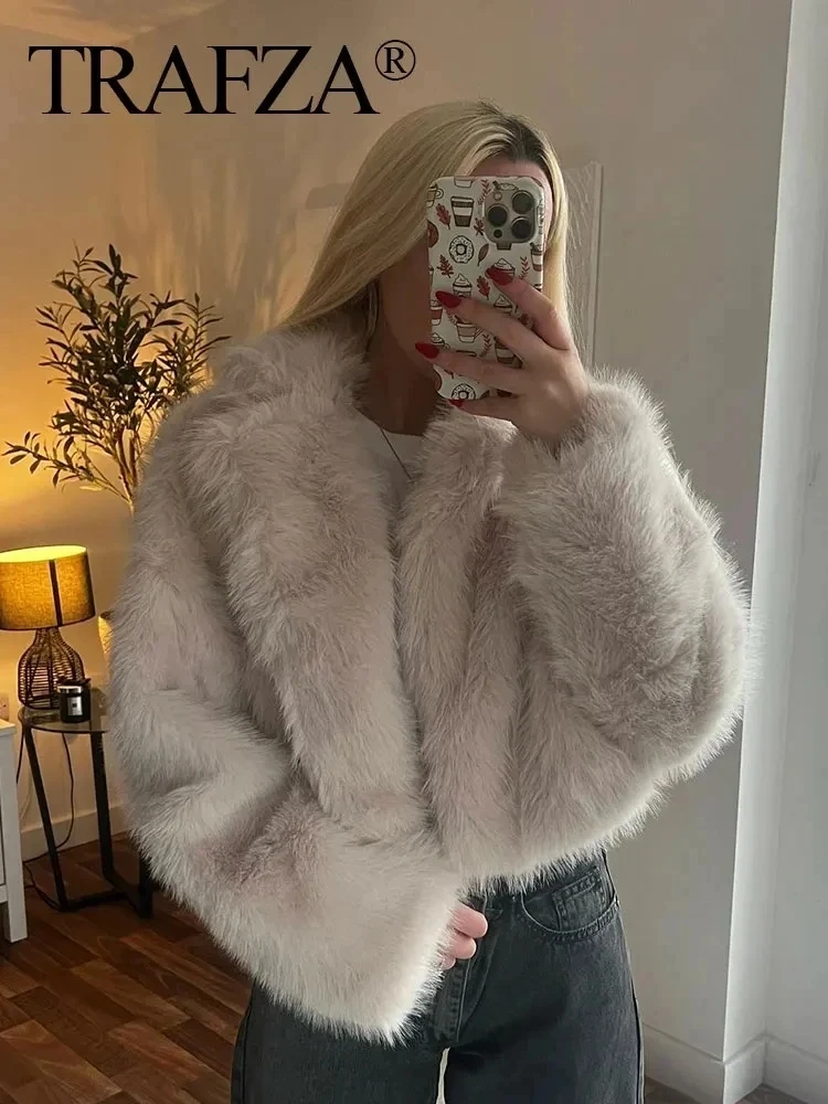 TRAFZA Faux Fur Jacket For Women Elegant Solid Lapel Long Sleeve Coat Winter Female Loose Casual Outwear Fashion Streetwear