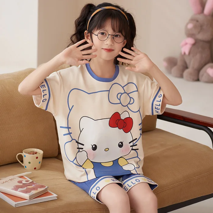 Kawaii Kuromi My Melody Children Pajama Sets Cinnamoroll  Girl Short-Sleeved Shorts Cotton Sleepwear Summer Kids Loungewear