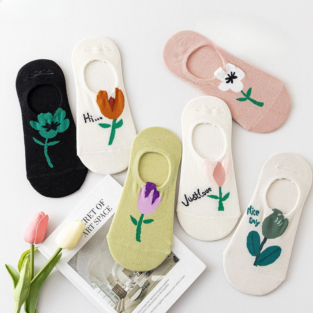 Calcetines náuticos de tulipán para mujer, medias finas de algodón puro, antideslizantes con boca poco profunda, para primavera y verano, 6 pares