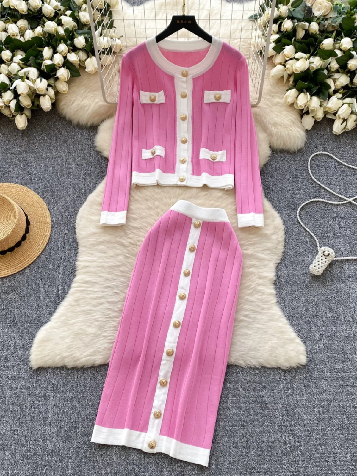 

Роскошный вязаный комплект, женский осенне-зимний цвет в стиле ретро, круглая блузка с металлическими пуговицами, длинный открытый кардиган све, облегающая юбка