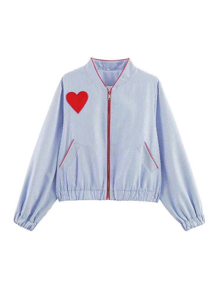 

European style new women's fashion versatile temperament simple striped love patch zipper pocket jacket