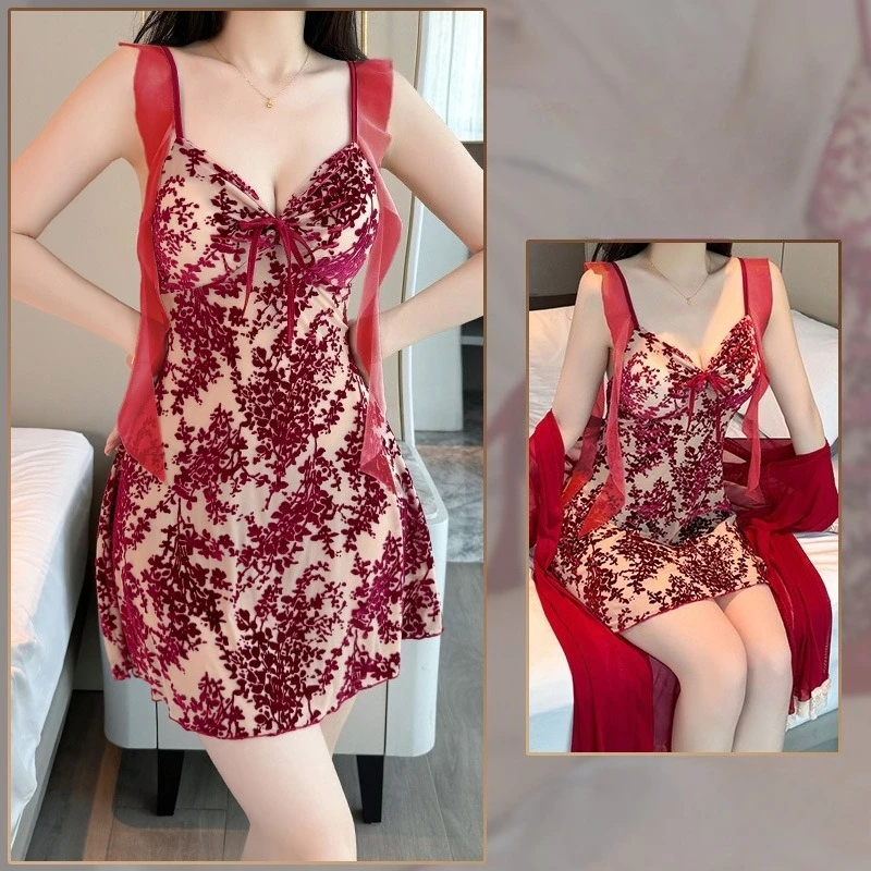 

Сексуальные плюшевые пижамы с нагрудными подушечками, платья на бретелях, женские красивые пижамы на бретелях, одежда для сна с длинными рукавами