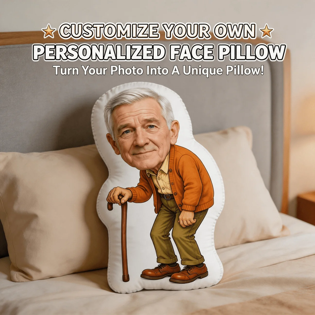 Personalized Photo Face Pillow with Custom Photo Upload - Elderly for Man with Cane & Orange Cardigan Suitable for Sofa, Bed Cus