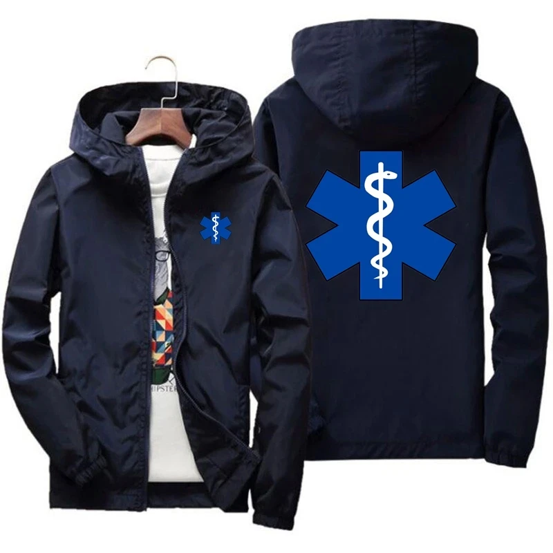 Spring and Autumn EMT ambulance printed jacket, daily casual monochrome zippered windbreaker, unisex fashion jacket