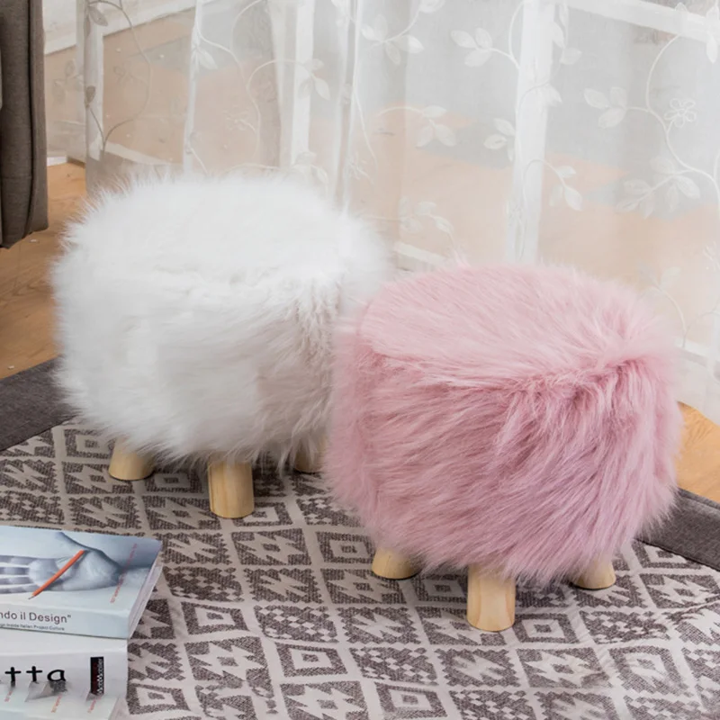 Pink Soft Faux Fur Ottoman Footrest Cover Small Stool Seat Chair  Winter Warm Dust Cover Home Decoration (Not Including Stools)