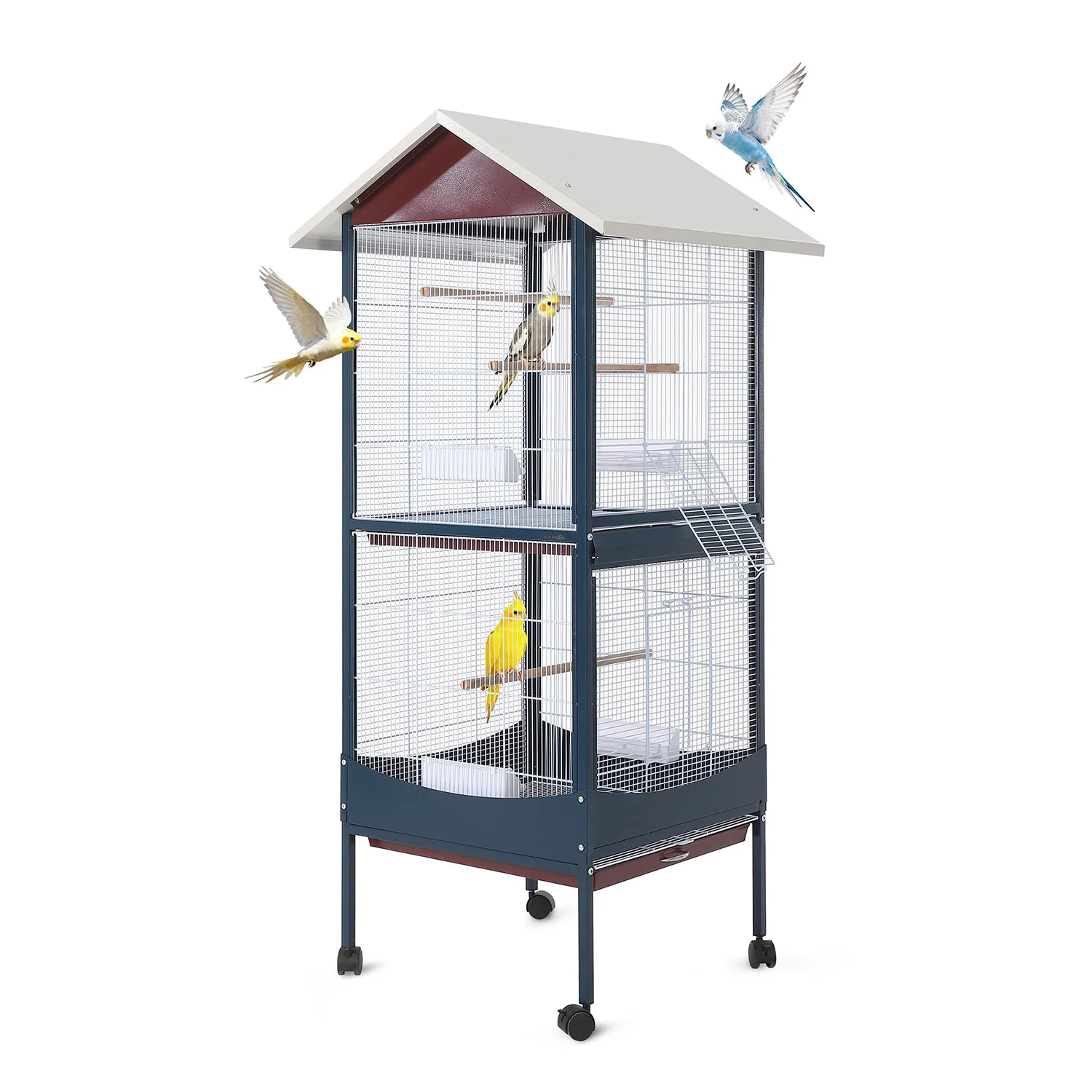 66''H Extra Large Bird Cage with Removeble Tray, Waterproof Roof, Easy to Clean, Lockable Caster, Metal Parakeets Cage for Conure,Macaw,Budgie,Cockatiel,Lovebirds