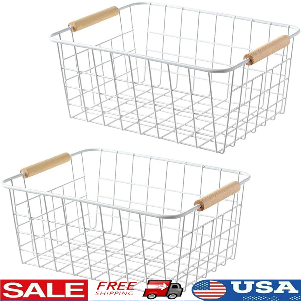 

White Wire Storage Baskets with Wooden Handles Set of 2 Durable Metal Organizer Kitchen Pantry Closet Bathroom Bedroom Storage