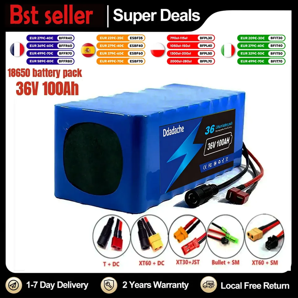 Nouvelle batterie lithium-ion 36V 100Ah 1000W 10S4P DC/T 100Ah pour 42V avec BMS