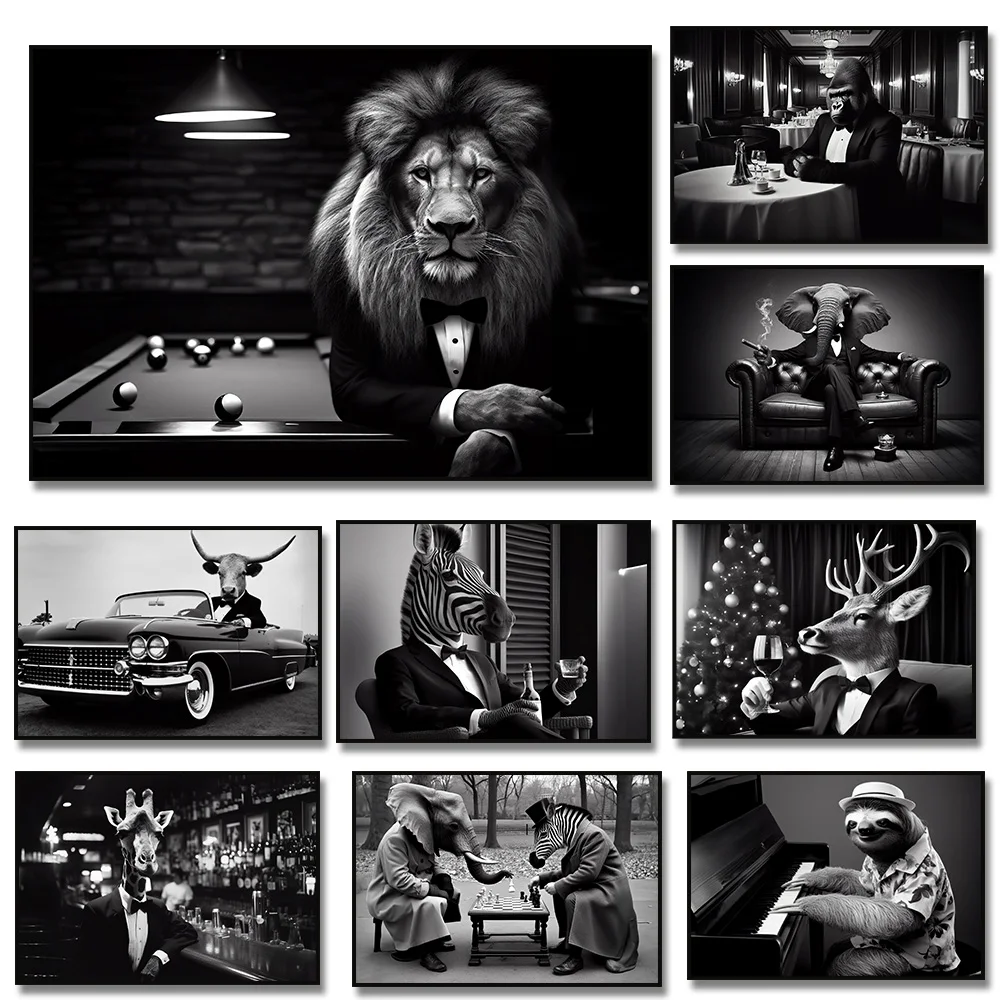 Elephant Smoking Zebra Chess Lion Billiard Highland Bull  Black and White Photo Poster Canvas Painting Print Room Home Decor