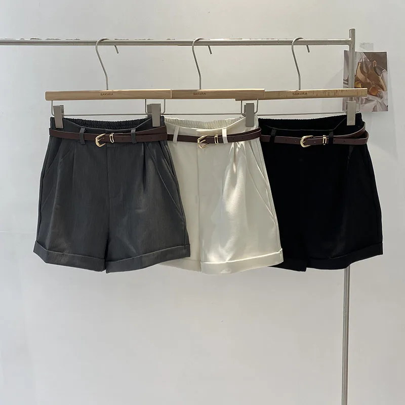 Spring 2024 Retro Commute OL Style High Waist Cuffed Wide Leg Shorts Casual Slimming Versatile Suit Pants for Women