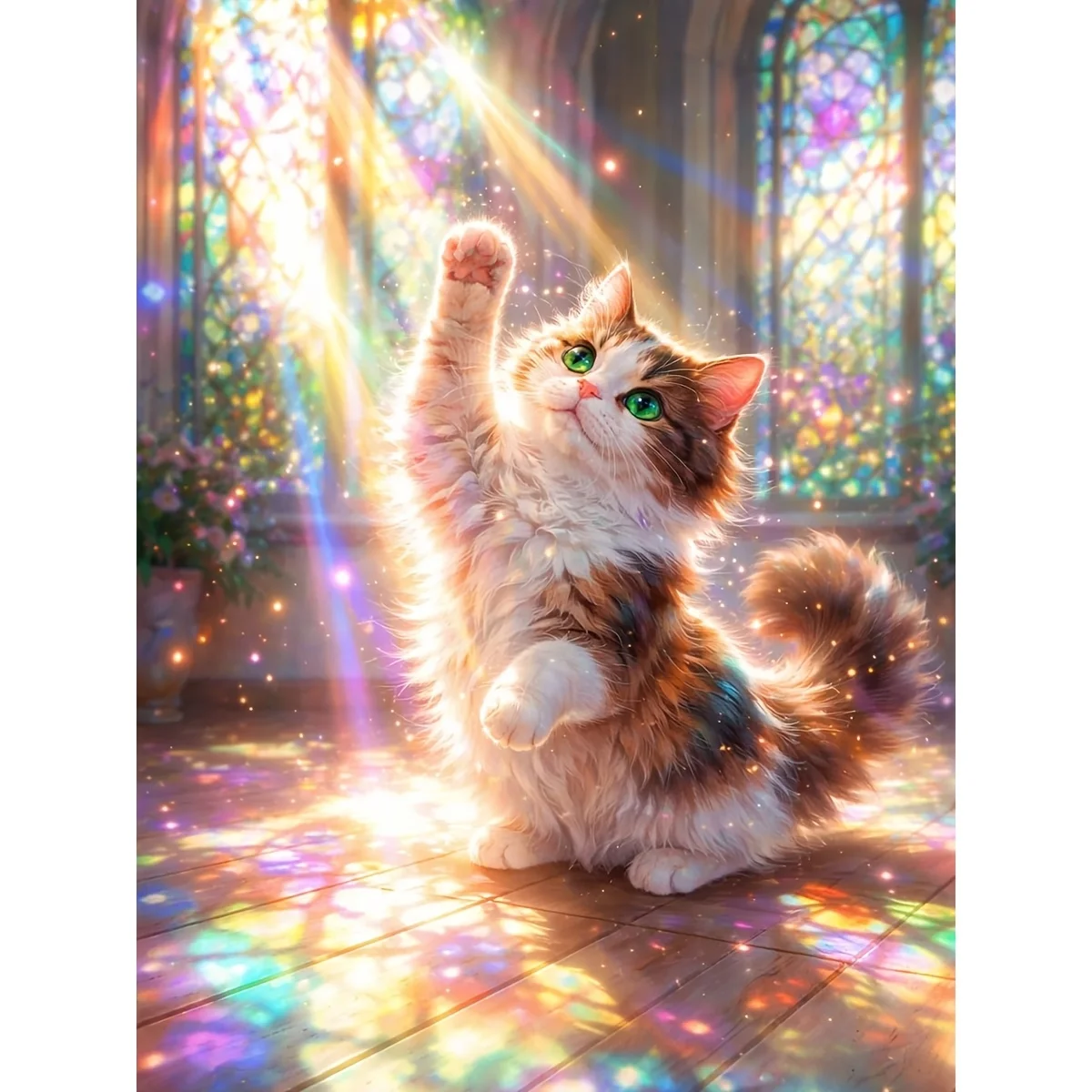 Diamond Painting Fluffy Longhair Cat Reaching Paw Under Rainbow Sunlight Mosaic Handmade Artwork Exquisite Gift Home Decor