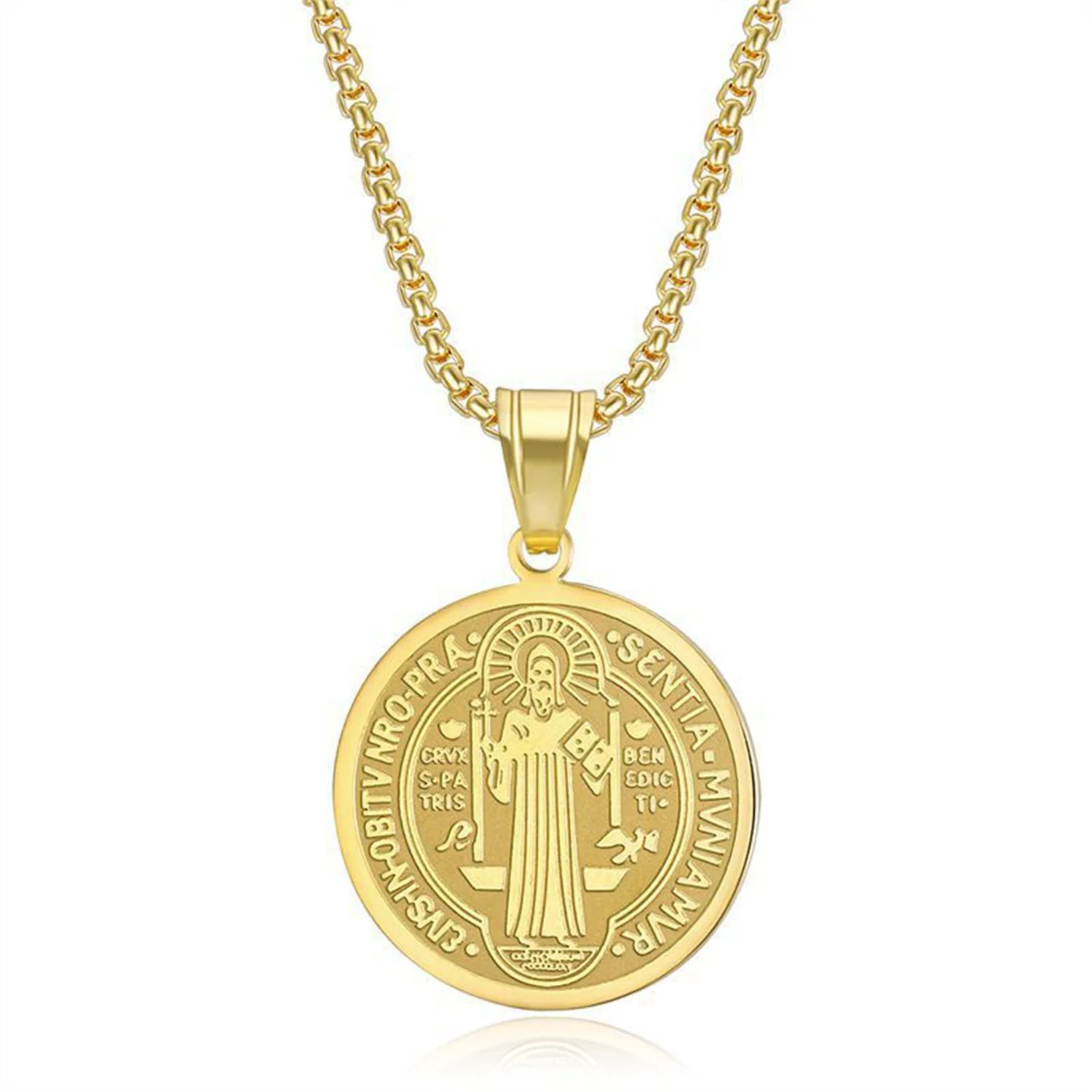 

Religious Saint Benedict Medal Pendant Dropshipping Gold Color Stainless Steel San Benito Necklace for Men Women Jewelry Gift