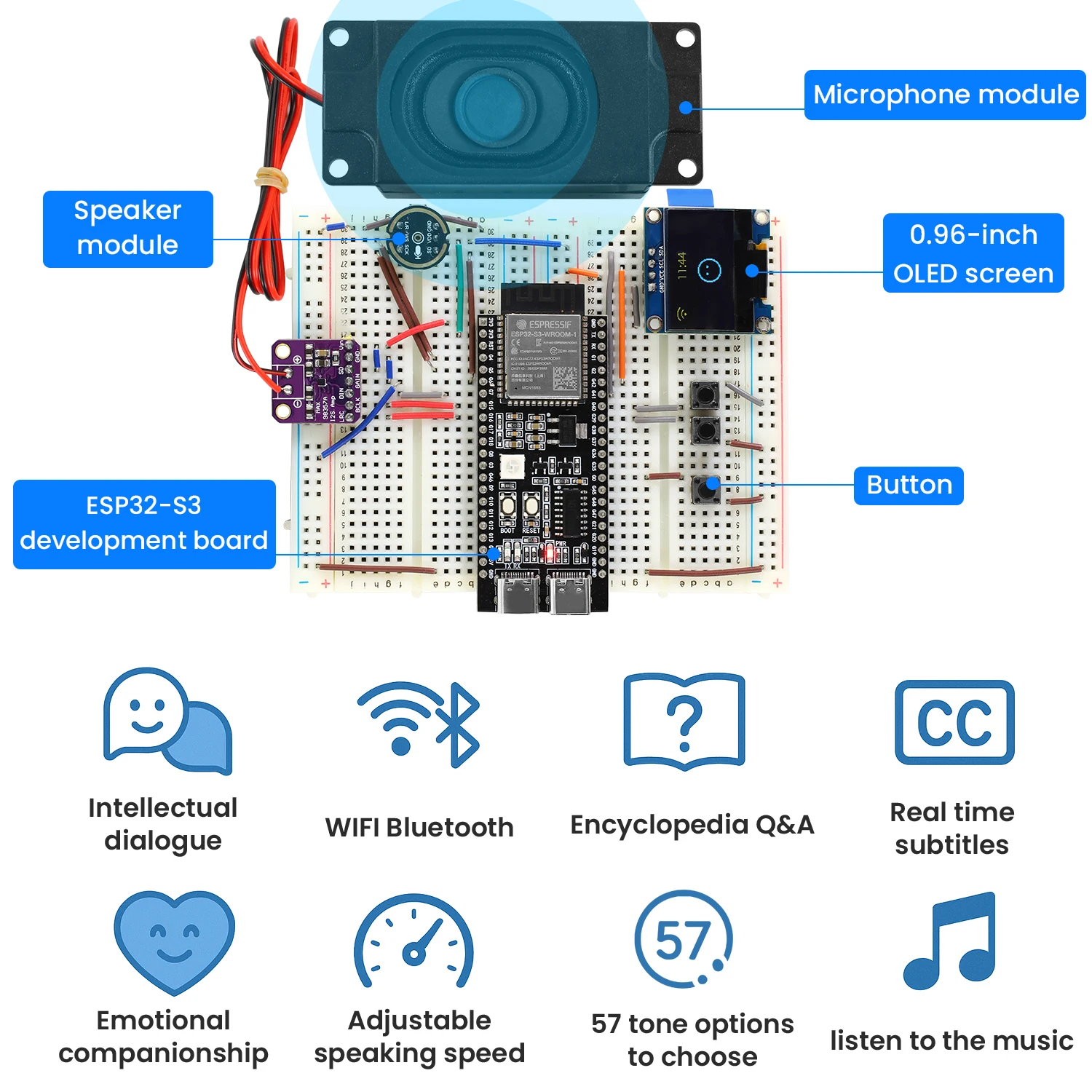 Keyestudio Xiao Zhi AI Voice Chatbot Breadboard DIY Starter Kit with 128x64 OLED Screen For Arduino ESP32-S3-DevKitC-1 Kids STEM